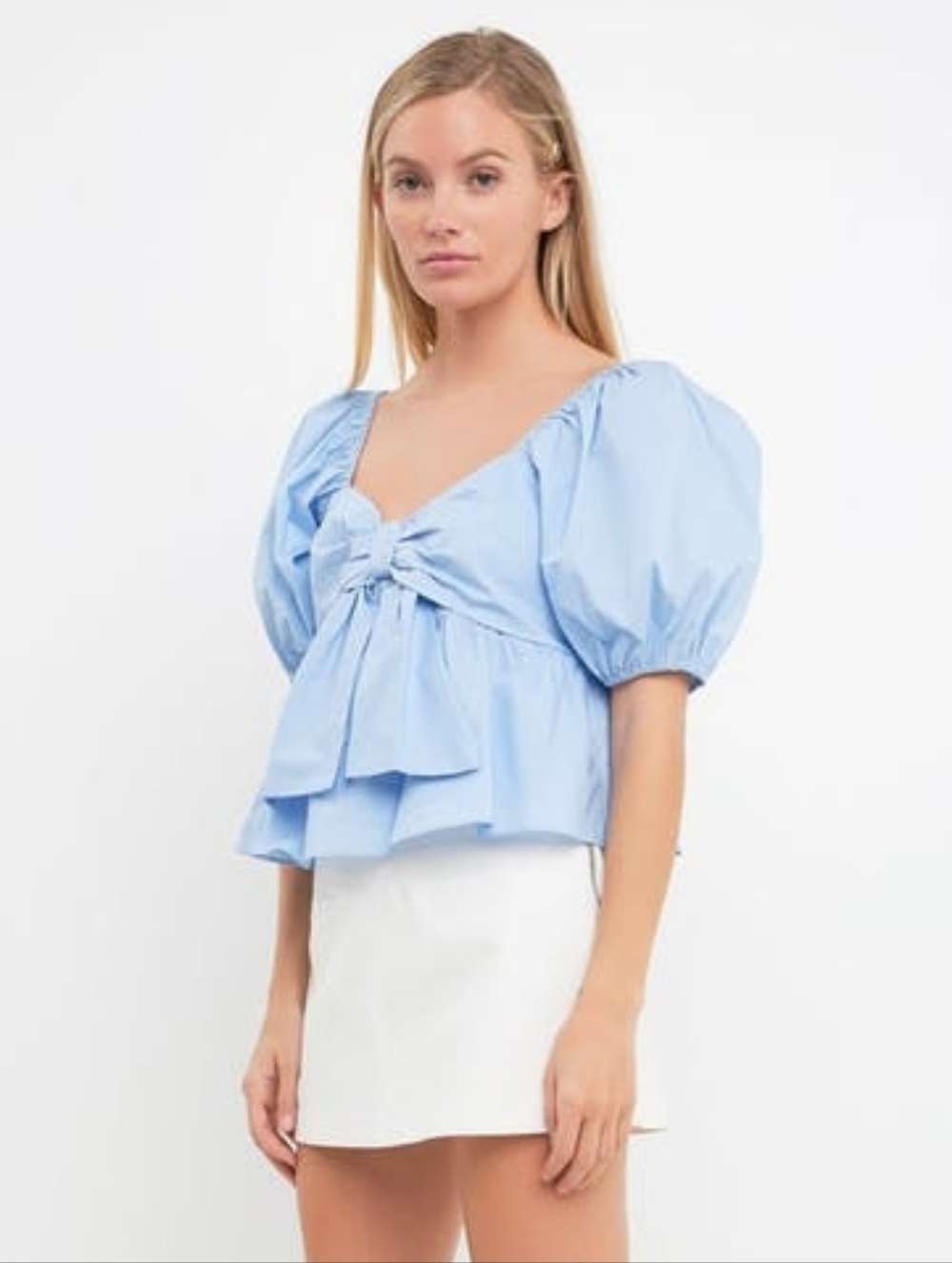 English Factory Light Blue Cropped Bow Peplum Top With Sweetheart Neckline - Picture 2 of 10